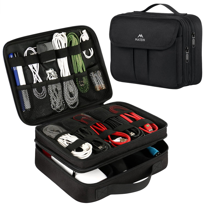 MATEIN Electronics Organizer, Waterproof Travel Electronic Case, Portable Double Layer Cable Storage Bag for Camera Accessories, Cord, Charger, Power Bank, Flash Drive, Phone, SD Card, Black