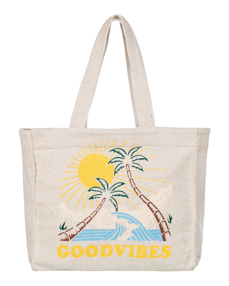 Roxy Large Capacity Lightweight Causal Cotton Canvas Beach Tote Bag, Drink The Wave - Nautral