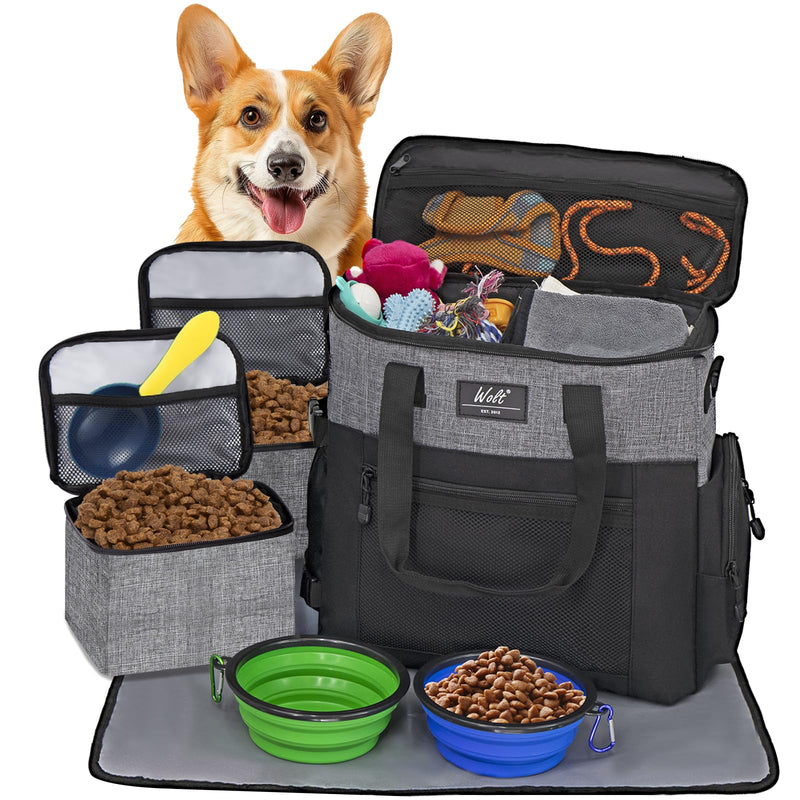 WOLT Dog Travel Bag Dog Bag for Traveling and Supplies with 2 Collapsible Bowls, 2 Food Containers, 1 Place Mat, Grey