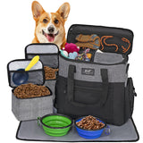 WOLT Dog Travel Bag Dog Bag for Traveling and Supplies with 2 Collapsible Bowls, 2 Food Containers, 1 Place Mat, Grey