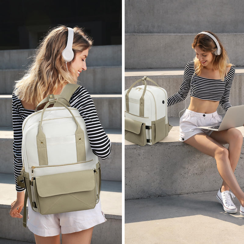 Rinlist Backpack for Women, 15.6 Inch Laptop Travel Backpacks Bag with USB Port, Work Business Nurse Teacher Bags College Bookbag for School, Casual Daypack for Travel, Khaki White