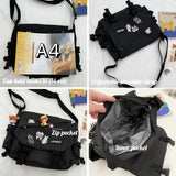 Inshere Aesthetic Crossbody Bag with Cute Pins and Ornament, Casual Shoulder Messenger Bag Japanese Kawaii Bag for Women Men (Black)