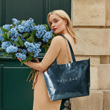 KALIDI PVC Zipper Tote Bag, Kraft Paper Beach Bag Large Hobo Carry All Travel Shopping Handbag Plastic Shoulder Bag (Dark Blue)