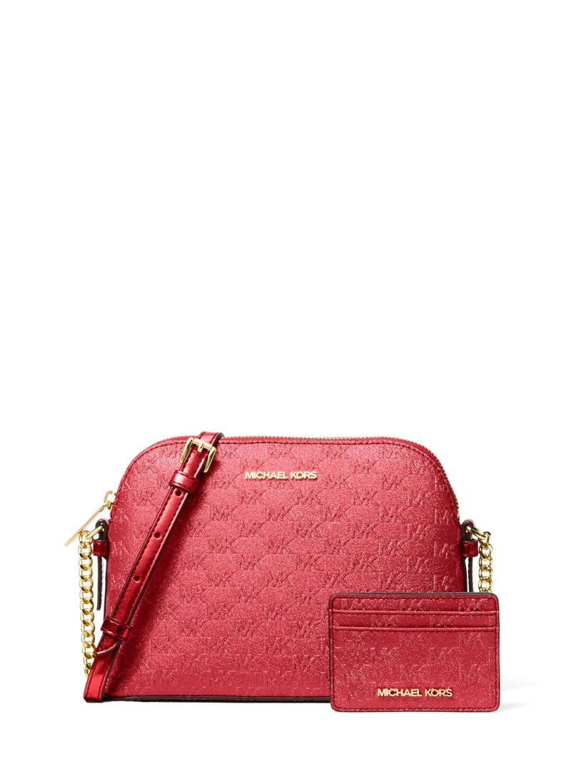 Michael Kors Jet Set Dome Crossbody With Card Case, Gold-Tone Hardware/MK Embossed Glitter/Crimson