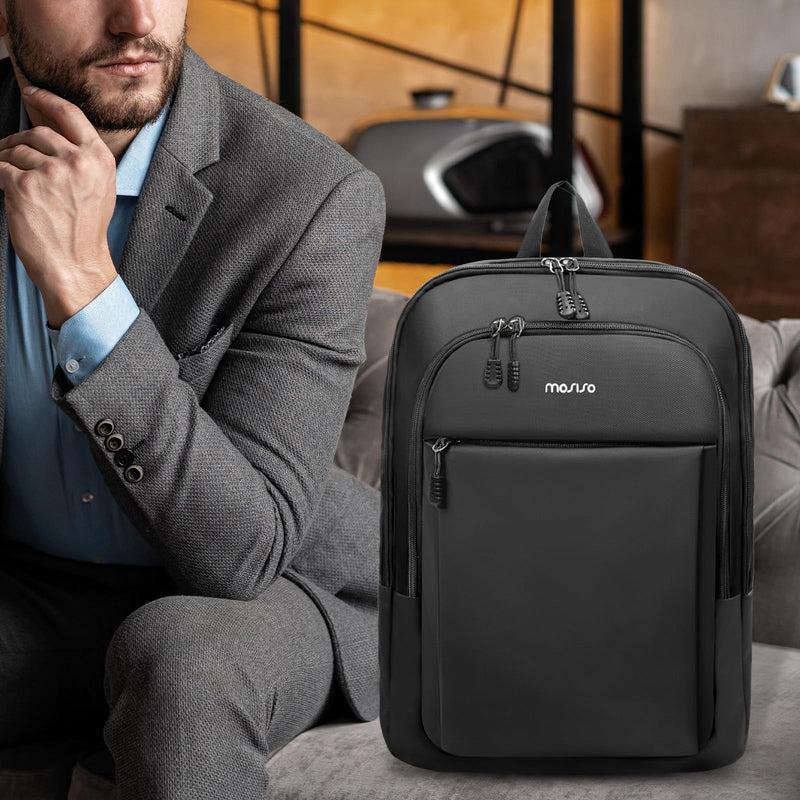 MOSISO Laptop Backpack for Men, Slim Lightweight Compact Computer Backpack for College Work Business Office Travel, 15.6 inch Waterproof Commute Laptop Bag Casual Daypack with Luggage Strap, Black