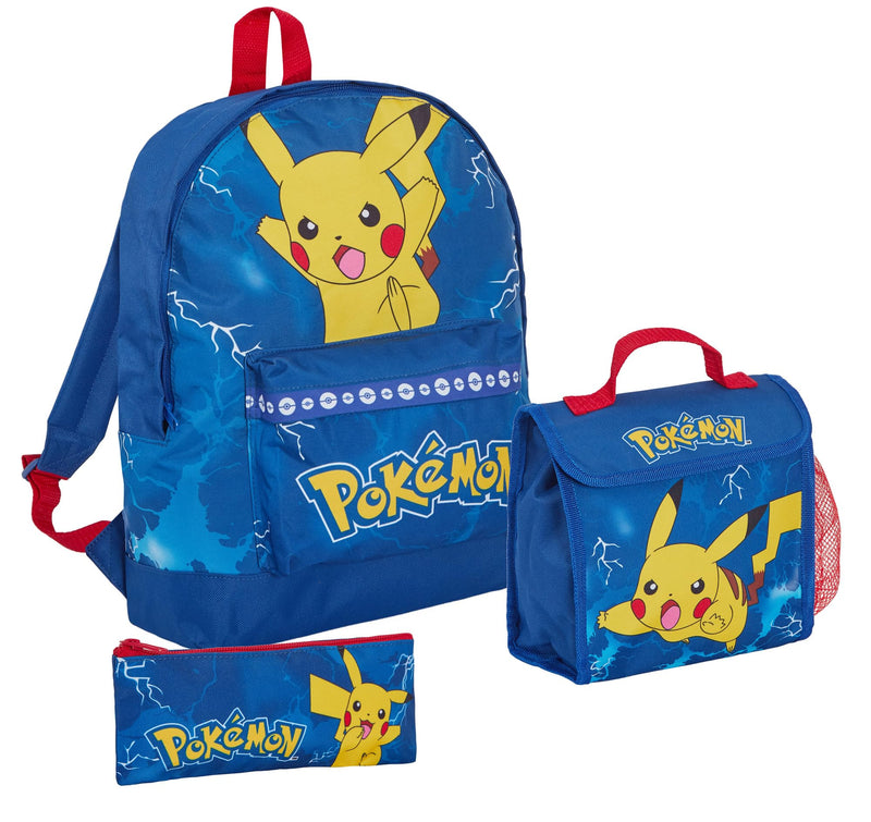 Pokemon Backpack + Lunch Bag + Pencil Case 3 Piece Pikachu School Bag Set College Travel Rucksack
