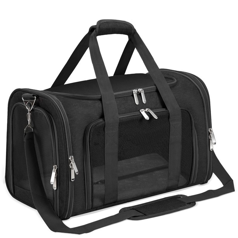 Soft-Sided Cat/Dog/Pet Carrier, Collapsible Pets Travel Carriers for Big Cats/Small Dogs with Shoulder Strap & Removable Mat, Mesh Puppy Carry Bag, Up to 16 Lbs, TSA Airline Approved(Black)