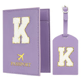 PATIKIL Passport Holder for Travel, Initial Passport Cover and Luggage Tag Set with Alphabet Chenille Letter Patch Travel Wallet Bag Suitcase Identifier for Women Family Travel Purple K