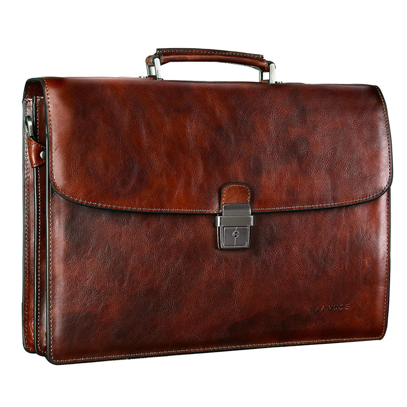Banuce Vintage Full Grain Italian Leather Briefcase for Men 15.6 Inch Lawyer Briefcase with Lock Legal Attorney Bag with Luggage Strap Gradient Brown