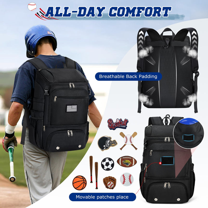 RAINSMORE Baseball Backpack, Lightweight Softball Bag with Shoe Compartment Baseball Bag for Youth & Adult Softball Bat Bag with Fence Hook Helmet Holder Sports Backpack for T-Ball Equipment,Black