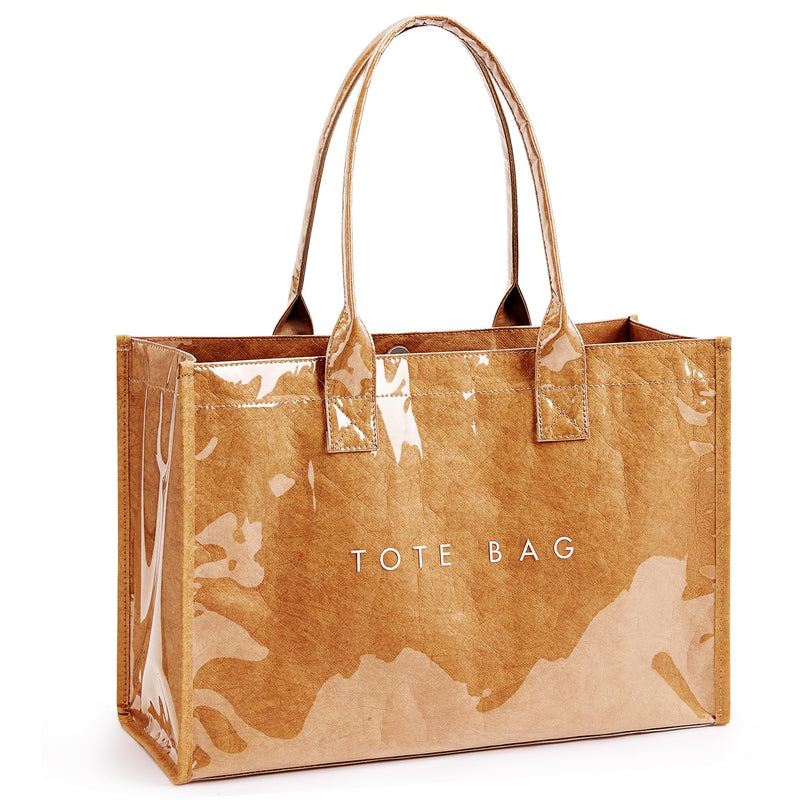 KALIDI PVC Tote Bag Women’s Kraft Paper Work Handbags Purses with Top Handle,Brown