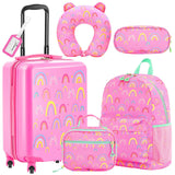 Redbaker 17 Inch 6 Pcs Kids Luggage Set Kids Rolling Luggage Double Pattern Suitcase for Boys Girls (Dusty Pink, Rainbow Style)