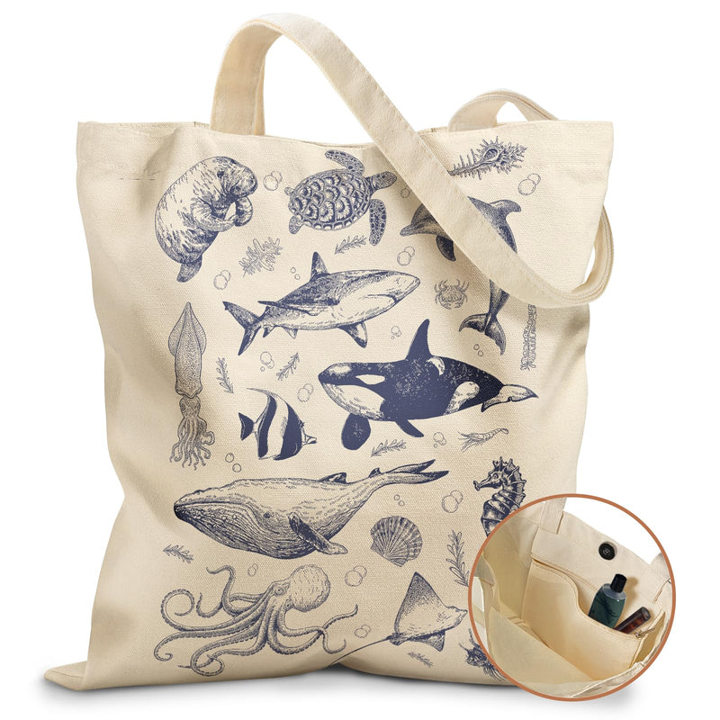 Miss Adola Aesthetic Tote Bag - with Magnetic Buckle and Zipper Inner Pocket for Women Lady Cloth Cotton Tote Bag for Gym, Work, Travel, Library, Shopping,Sea Fish