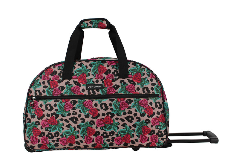 Betsey Johnson Designer Carry On Luggage Collection - Lightweight Pattern 22 Inch Duffel Bag- Weekender Overnight Business Travel Suitcase with 2- Rolling Wheels (One Size, Leopard Rose)