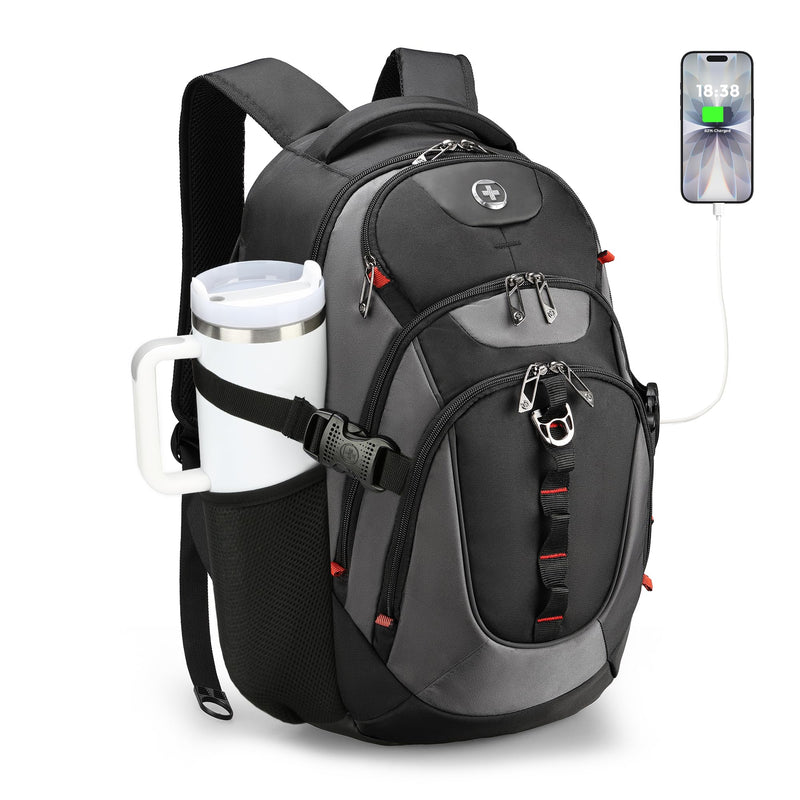 Swissdigital Design Laptop Backpack with USB Charging Port, Travel Backpack Fits 15.6 inches Computer, 31L College School Backpack for Men, Black/Grey | SD803-02