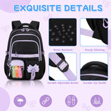 QIXIHU Girls Backpack, 17-Inch Bookbag for Middle & Elementary School, Kawaii Kids Backpack for Girls Ages 6-12(Black Purple)