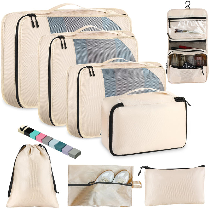 Toncoke 8-Piece Packing Cubes for Travel, Mesh Luggage Organizers with Shoe Bag, Toiletry Bag, Laundry Pouches, 4 Sizes (XL/L/M/S) for Suitcase Organization, Men Women Kids, Beige