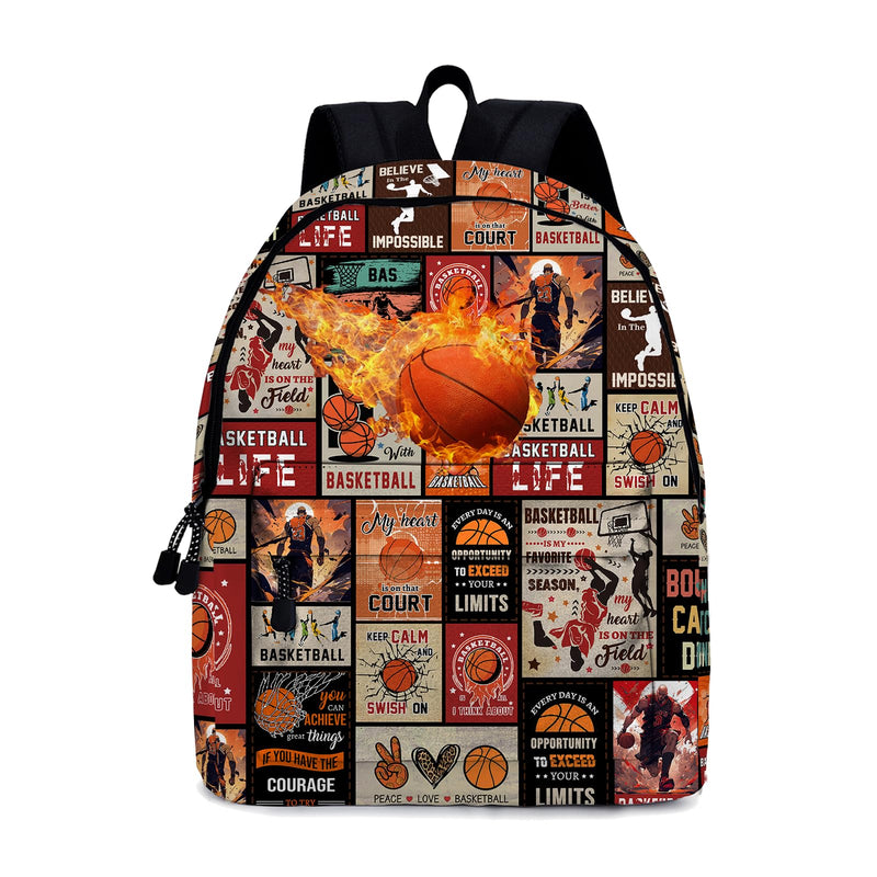 ROVOZAR Fire Basketball School Backpack for Boys, Basketball Backpack for School Kids Bookbag, 16 Inch Sports Theme Laptop Back Pack for Travel Hiking Camping