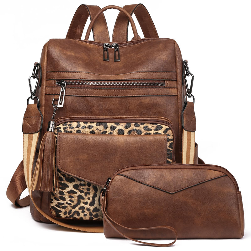 GAEKEAO Backpack Purse for Women Fashion Leather Designer Travel Backpack Purses Convertible Shoulder Bag with Wristlet (Brown With Leopard)