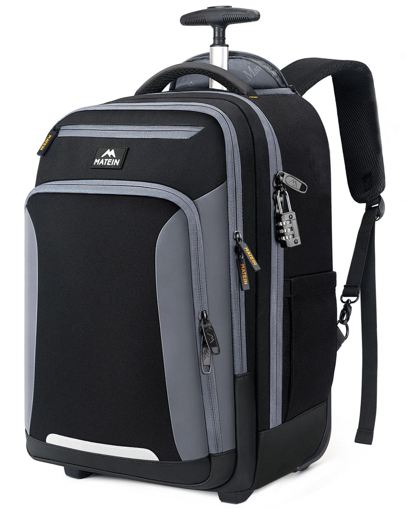 MATEIN Rolling Backpack with Wheels, Flight Approved Anti Theft Rolling Bookbag Fits 17" Laptop, Roller Carry On Luggage Wheeled College School Suitcase Travel Bag for Men Women, Black