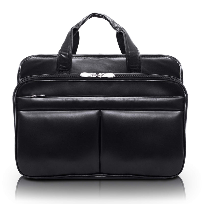 McKlein, R Series, WALTON, Top Grain Cowhide Leather, 17" Leather Expandable Double Compartment Laptop Briefcase w/Removable Sleeve, Black (83985)