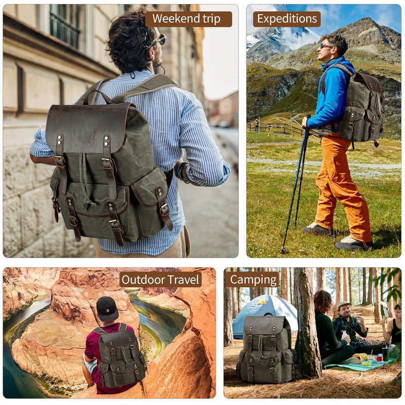 Yamons Genuine Leather Backpack for Men, Waxed Canvas Backpack Shoulder Rucksack with Toiletry Vintage Backpack for Travel,Camping, Hiking(Army Green)