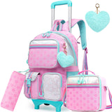 Meetbelify Pink Backpack with Wheels for Kids - Cute Carry On with Lunch Box & Pencil Case for Elementary Students - Travel Suitcase for Girls 8-10