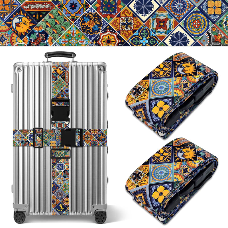 Boho Luggage Straps for Suitcases TSA Approved, Luggage Identifiers for Suitcase, Adjustable Suitcase Strap for Baggage Security with Cute Patten, Travel Necessary Accessories (2Pack)