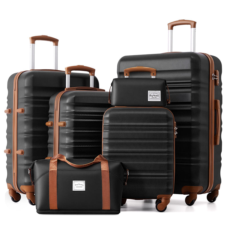 LONG VACATION 6 Piece Luggage Set Carry on Suitcase with ABS+PC hardshell, Spinner Wheels & YKK Zipper TSA Lock (BLACK-BROWN, 6 piece set)