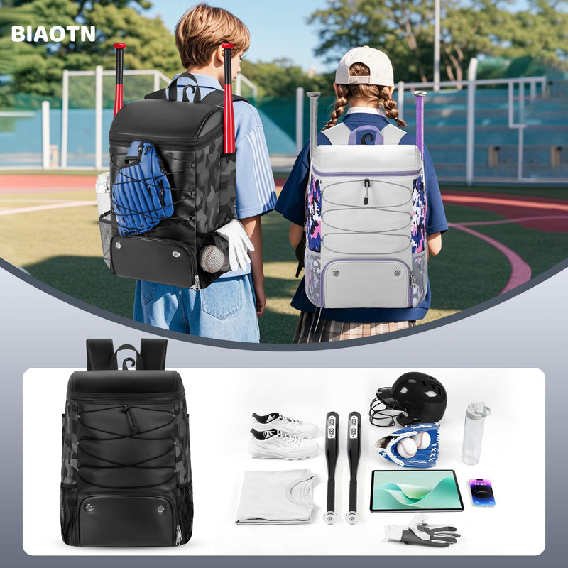 BIAOTN Youth Adult Baseball Bag, Large Sports Tball Backpack for Kids Boys and Girls, Multi-Functional Equipment Bags for Baseball, Softball, Tee Ball, Gym, Travel, Hunting (Black+Camouglage)
