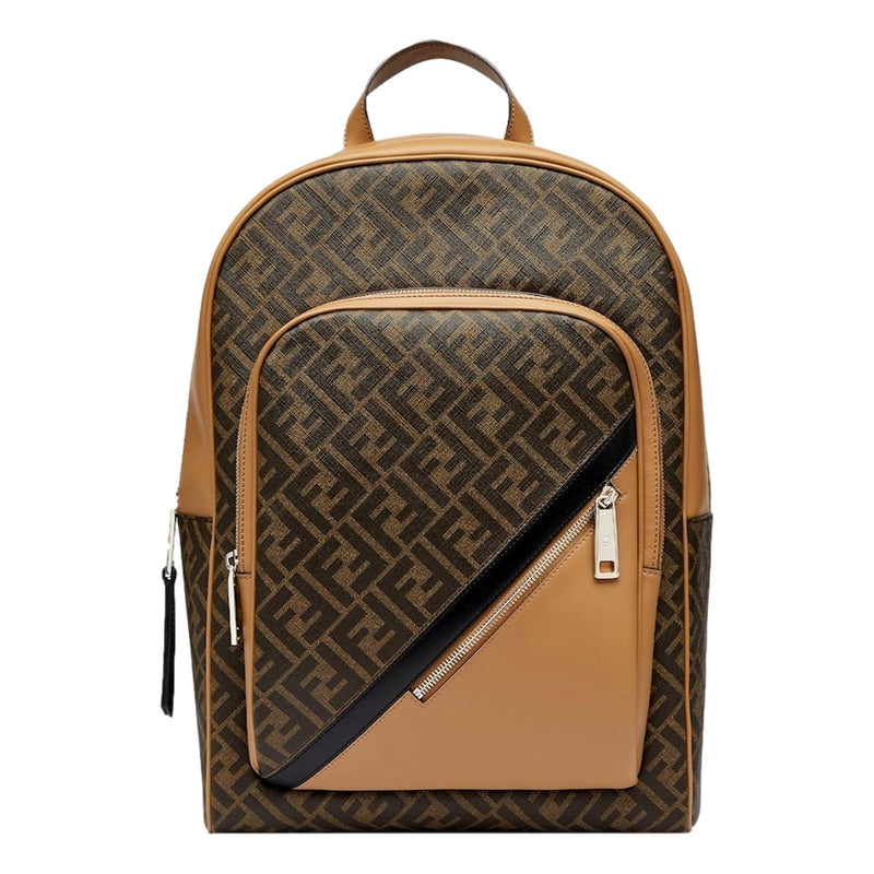 FENDI Men's FF Logo Backpack with Diagonal Pattern, Brown