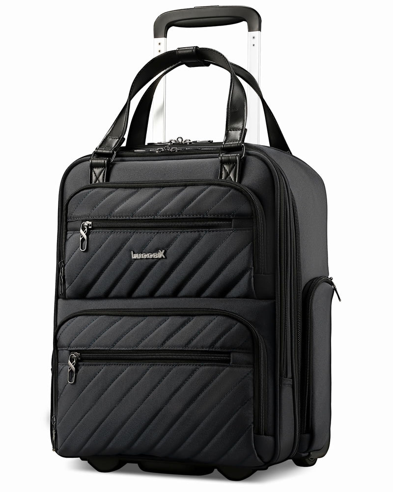 LUGGEX Underseat Carry On Luggage with Wheels, UDK Stylish Lightweight Under Seat Luggage, Soft Sided Personal Item Suitcase for Short Trip (UX-Core, All Black, 16 Inch)
