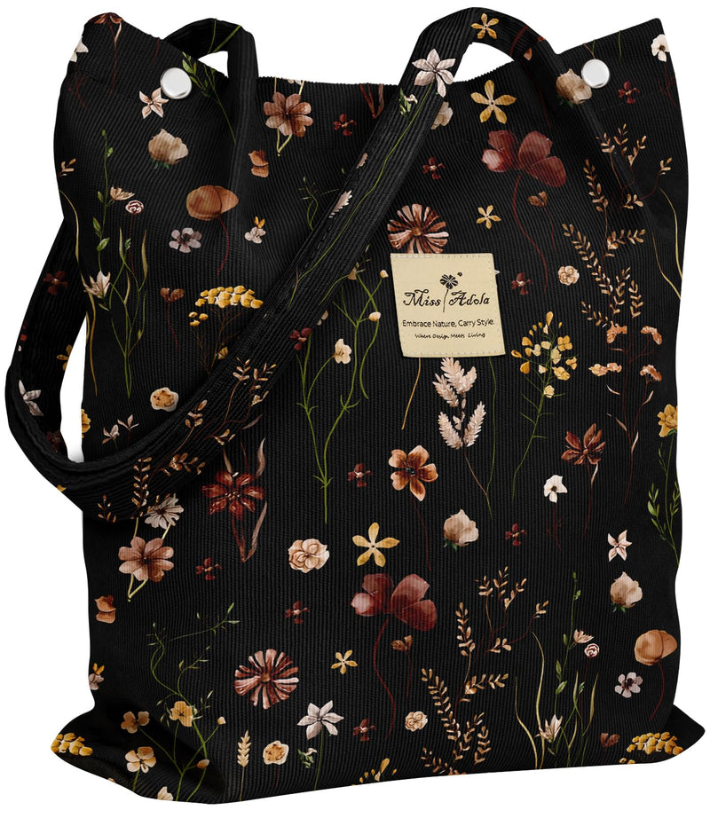 Miss Adola Corduroy Tote Bag for Women - Reusable Totes with Magnetic Buckle & Pocket Stylish Aesthetic Design Work Bags for Shopping Travel Grocery Bags, Black Grow Flower