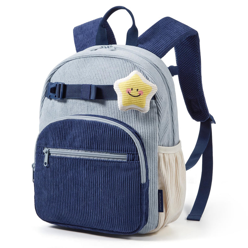 mommore Toddler Backpack for Boys 2-4, Corduroy Kids Backpack, 13" H Cute Preschool Kindergarten Daycare School Bag for Boys - Light Blue&Navy