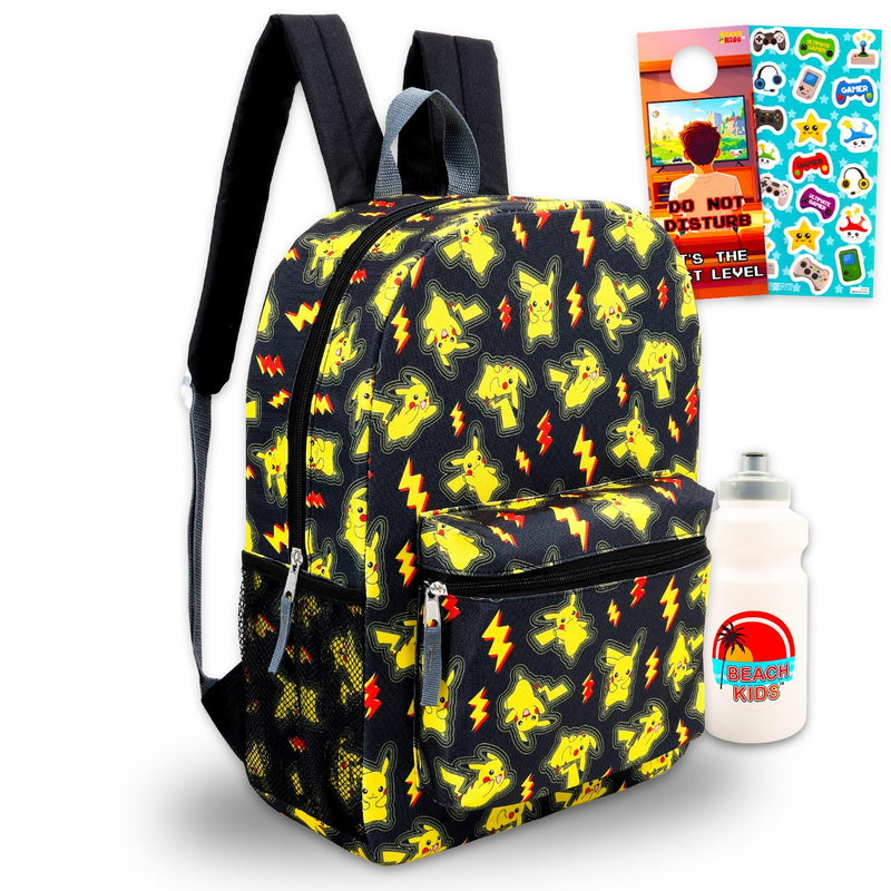 Pokemon Backpack Set for Boys - Bundle with 16" Pikachu Backpack, Water Bottle, Stickers, More | Pokemon Pikachu School Bag for Kids