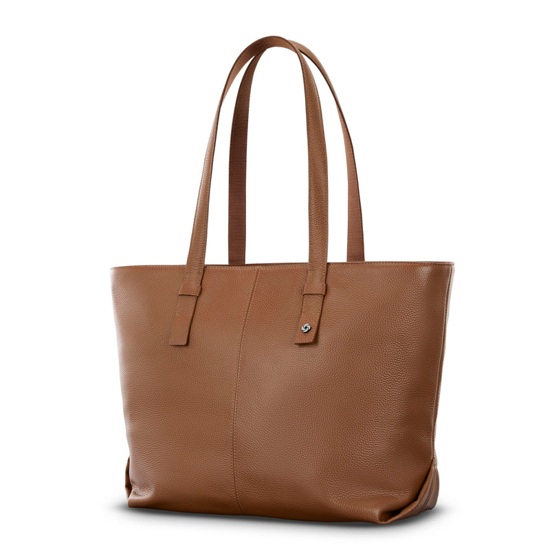 Samsonite Mobile Solutions 2 Leather Tote, Stylish Women’s Laptop and Work Bag with StackIt Strap, Padded Laptop Sleeve, Interior Organizer & Protective Feet, Soft Pebbled Leather - Cognac