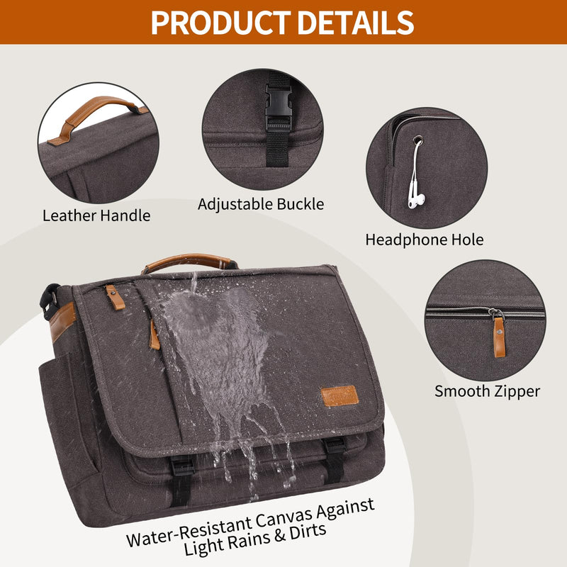 ESTARER Computer Messenger Bag 15-15.6 inch, Water-resistant Canvas Work Bag Briefcase, Laptop ShoulderSatchel with Buckles, Grey