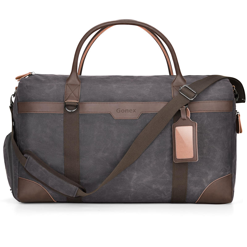 Gonex Waxed Canvas Duffle Bag for Travel, Water-resistant Vintage 55L Duffel Weekender with Shoes Compartment & Luggage Tag, Heavy-duty Overnight Bag with Suitcase Handle Sleeve for Men, Dark Grey
