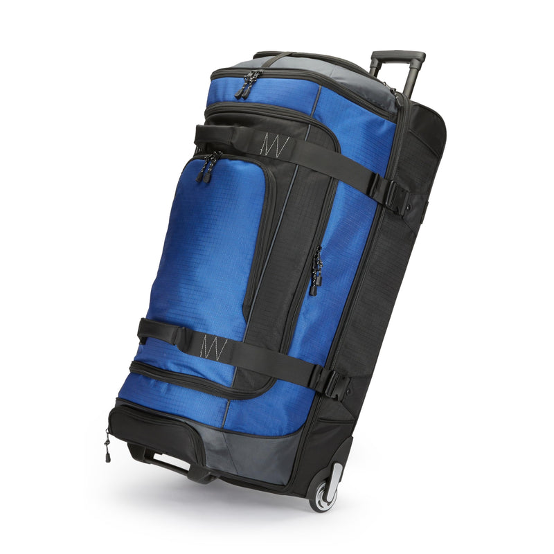 Amazon Basics 35-Inch Large Rolling Duffel Bag for Travel with Wheels and Handle, Durable Ripstop Polyester, 2 Layers of Space, Multiple Interior and Exterior Pockets, Blue