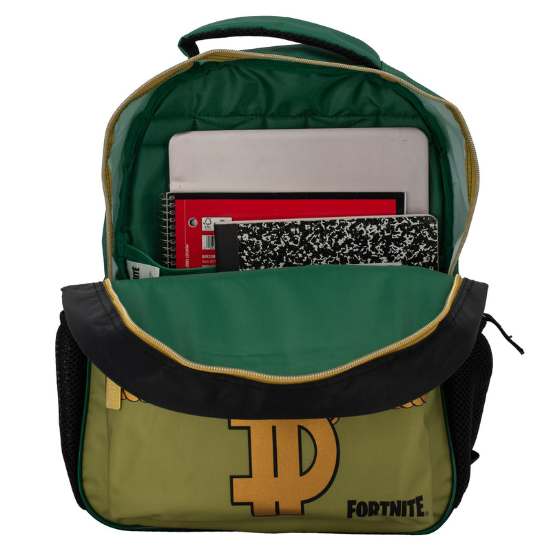 Fortnite Big Dill Backpack for Boys & Girls, 16 Inch Nylon Twill Big Face Schoolbag withMetal Fortnite Zipper Pull, Green