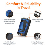 Amazon Basics 35-Inch Large Rolling Duffel Bag for Travel with Wheels and Handle, Durable Ripstop Polyester, 2 Layers of Space, Multiple Interior and Exterior Pockets, Blue