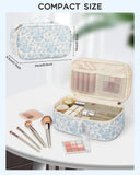 Relavel Travel Makeup Bag, Small Floral Cosmetic Bag with Makeup Brush Compartment, Portable Makeup Pouch for Women, Double Layer Makeup Organizer Bag Cute Toiletry Bag
