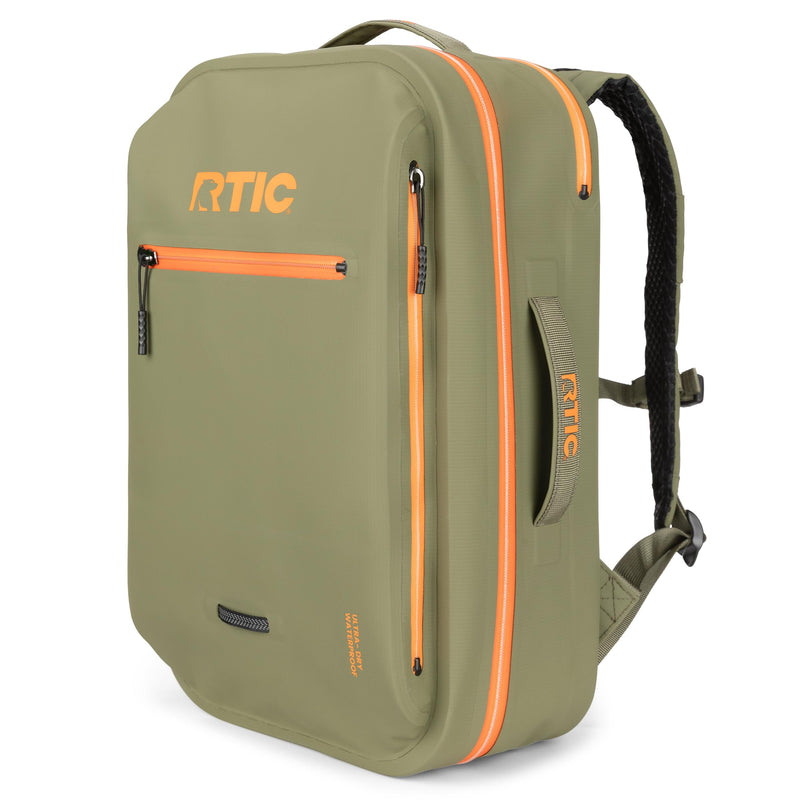 RTIC Ultra Dry Backpack, Waterproof Outdoor Floating Bags for Hiking, Travel, Camping, Boating, Backpacking, 26L, Olive & Orange