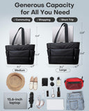 HOTOR Puffer Tote Bag for Women, Nurses - Multi-Pocket Lightweight Bag for Work - Quilted Handbag for Travel and Gym, Black, 18.1" x 6.3" x 11.8"