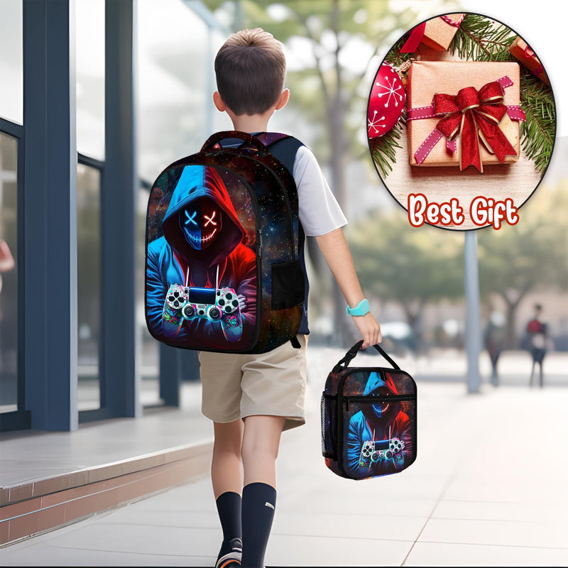 jvycjlu Boys Gaming Backpack Set - 17 Inch Large Capacity with Lunch Bag & Pencil Case - for Teens, Elementary & Middle School - Durable Travel Backpacks (3-Piece)