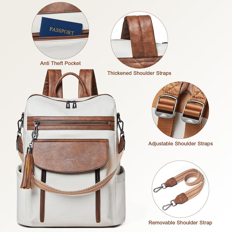 Shrrie Laptop Backpack for Women 15.6 inch,Travel Leather Backpack Purse Nurse Teacher Carry on Backpack Computer Bag,Professional Water-Resistant College Business Work Casual Daypack,Beige with Brown