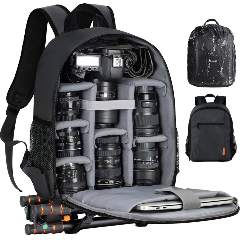 TARION Camera Backpack Bag Small - Professional DSLR Photography Case with 13 inch Laptop Compartment & Waterproof Rain Cover & Bottom Tripod Holder for Men Women Photographers - Black TB-S