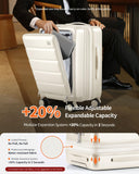 ISLAND ELEPHANT Expandable 20Inch Carry On Luggage Airline Approved - Front Pocket Travel Suitcase 100% PC Unbreakable -with Cup Holder,USB Charge,Side Pothook, 360°Spinner Wheels, TSA Lock-White
