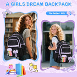 QIXIHU Girls Backpack, 17-Inch Bookbag for Middle & Elementary School, Kawaii Kids Backpack for Girls Ages 6-12(Black Purple)