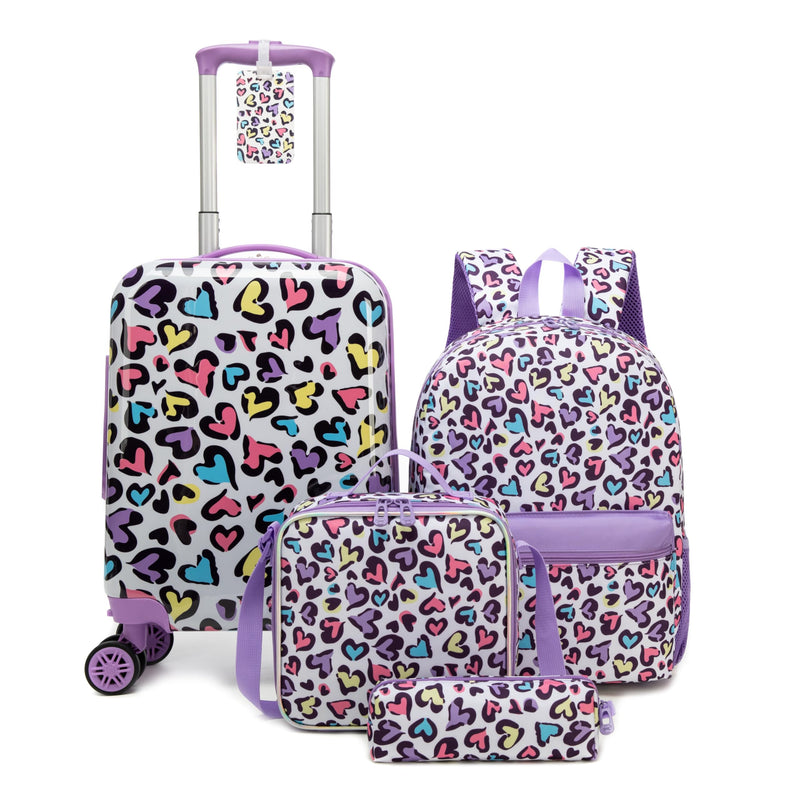 Inprof Kids Luggage with Spinner Wheels 5 Piece Carry on Suitcases for Girls Backpack with Lunch Box Pencil Case 16" Toddler Suitcase Set Airline Approved (Bainbow Leopard)